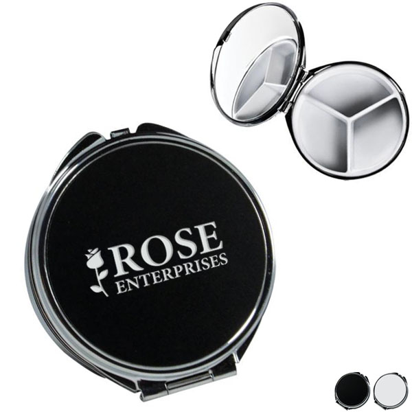 Product Photo 1 Round Metal Pill Box w/ Mirror, Three Compartment