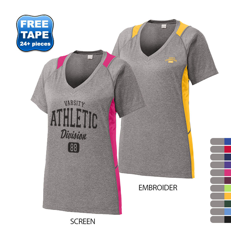 Product Photo 1 Sport-Tek® Heather Colorblock Contender™ Ladies' V-Neck Performance Tee