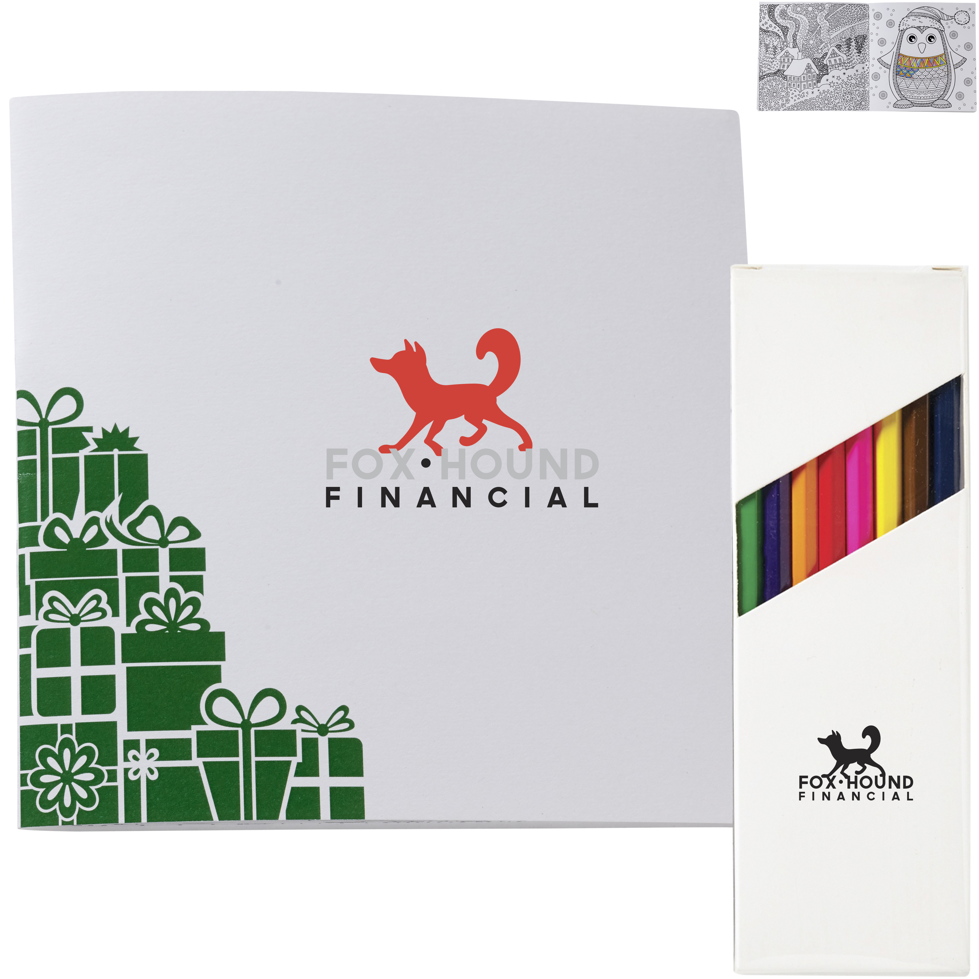 Product Photo 1 Holiday Deluxe Green Gift Boxes Adult Coloring Book & 8-Piece Color Pencil Set