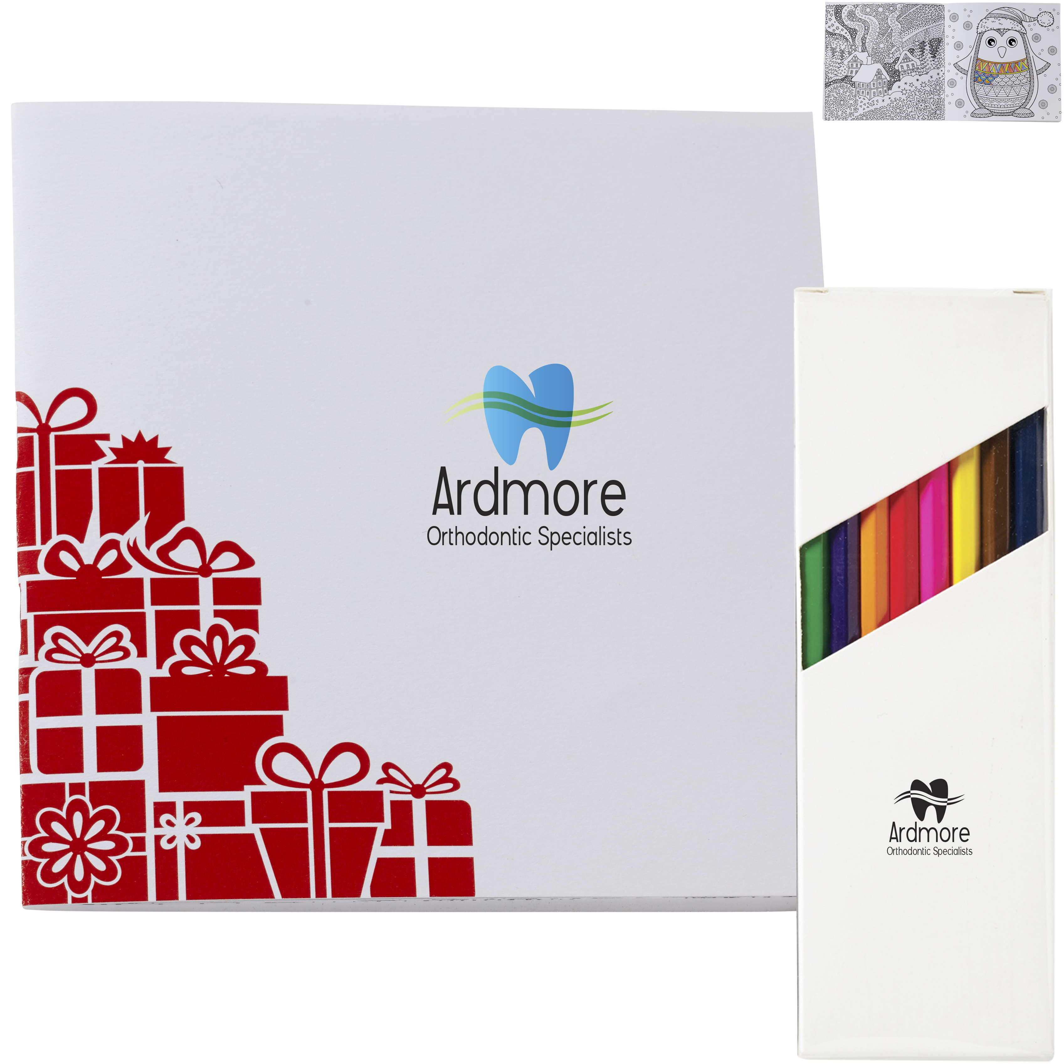 Product Photo 1 Holiday Deluxe Red Gift Boxes Adult Coloring Book & 8-Piece Color Pencil Set