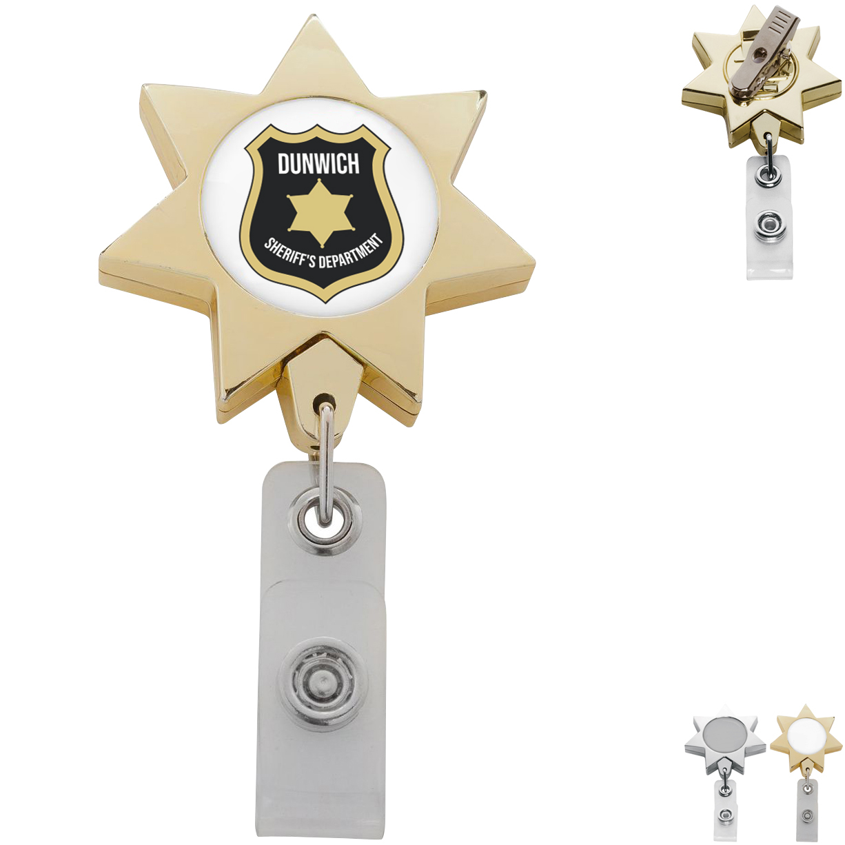 Product Photo 1 Metallic Finish Seven Point Star Retractable Badge Reel, Alligator Clip