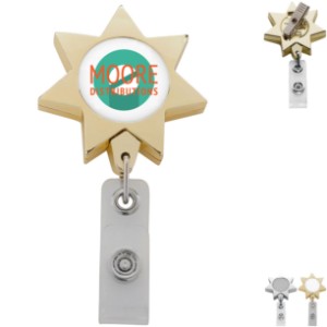 Metallic Finish Seven Point Star Retractable Badge Reel, Alligator Clip - DE3245