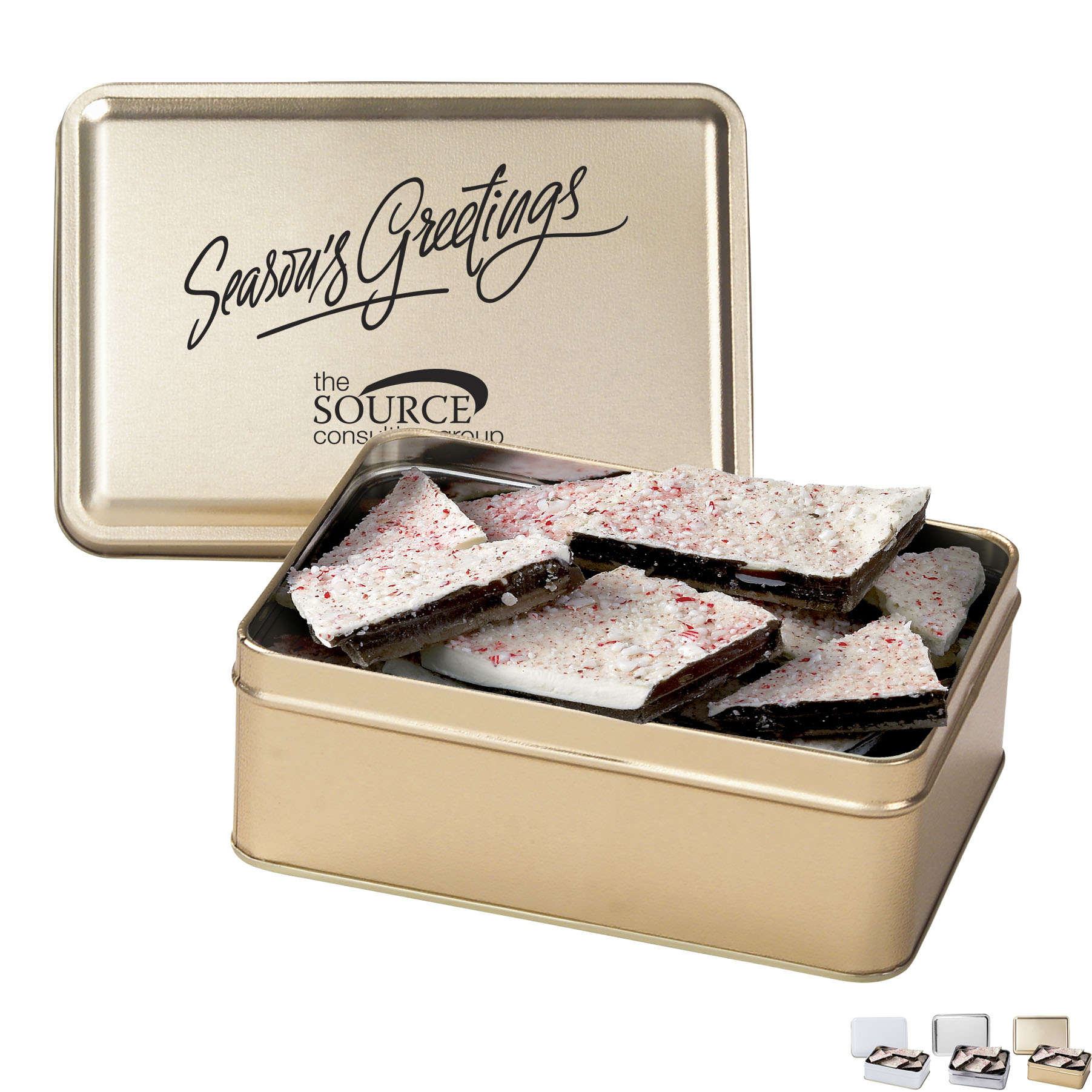 Product Photo 1 Peppermint Bark in a Rectangle Tin, 6oz.