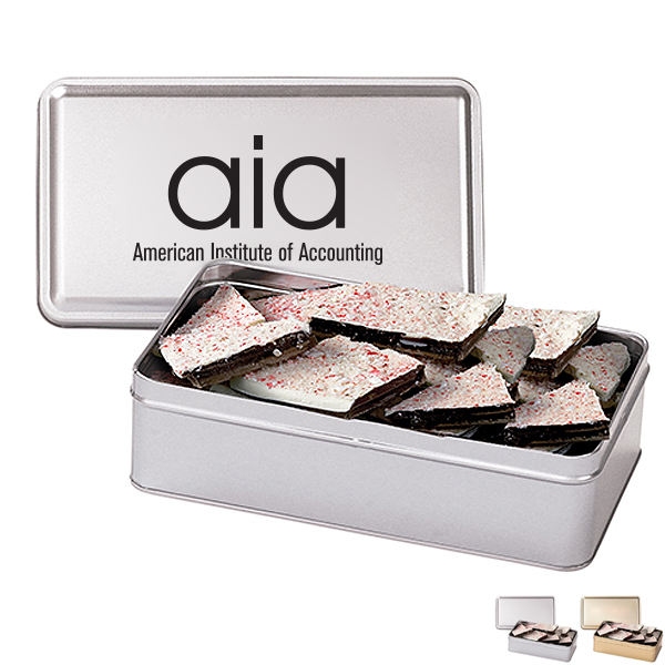 Product Photo 1 White Chocolate Peppermint Bark in a Rectangle Tin, 14.5oz.