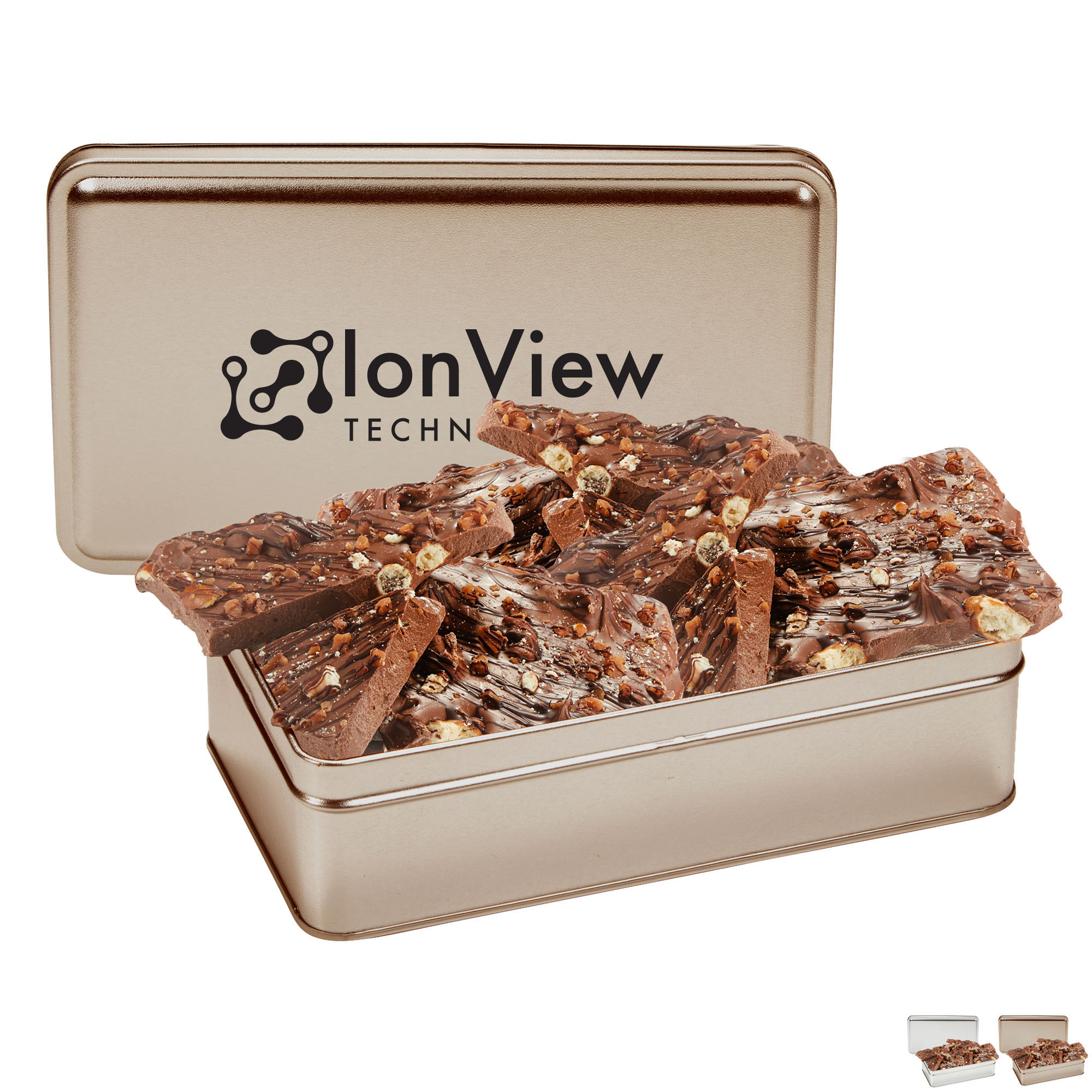 Product Photo 1 Milk Chocolate Toffee Pretzel Bark Rectangle Gift Tin, 14.5oz.