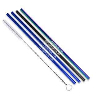 Black, Blue, & Rainbow Stainless Steel 4 Piece Custom Straw Set w/ Cleaning Brush - WB2445