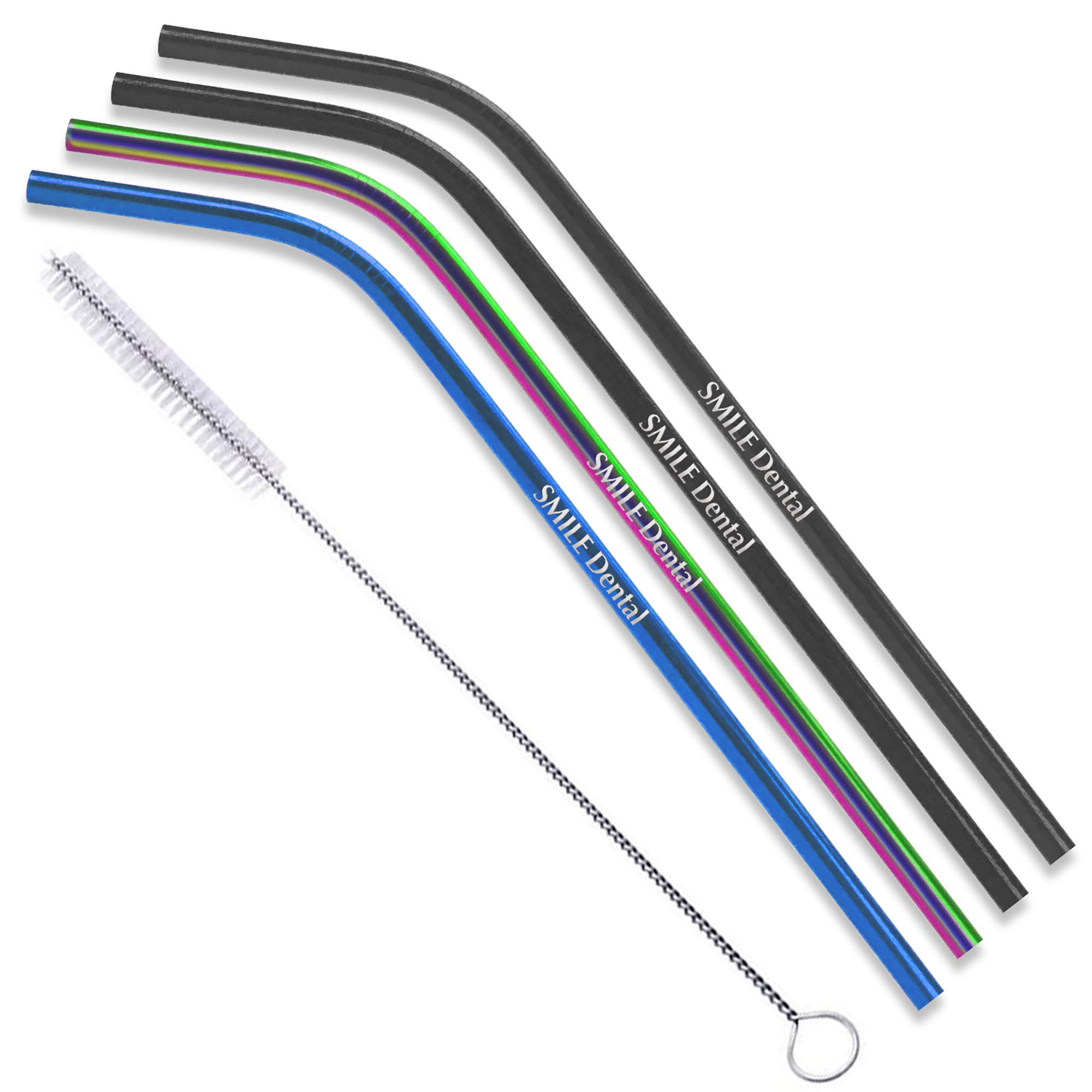 Product Photo 1 Black, Blue, & Rainbow Stainless Steel 4 Piece Bent Straw Set w/ Cleaning Brush