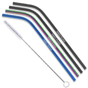 Black, Blue, & Rainbow Stainless Steel 4 Piece Bent Straw Set w/ Cleaning Brush - WB2446