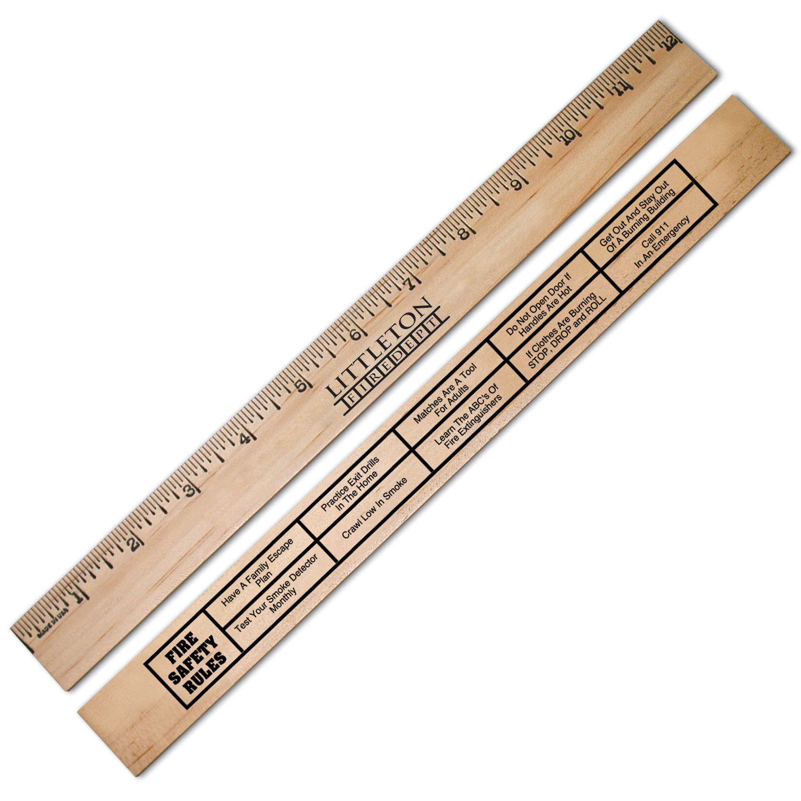 Product Photo 1 Natural Finish English Scale Wood Ruler with Fire Safety Rules, 12"