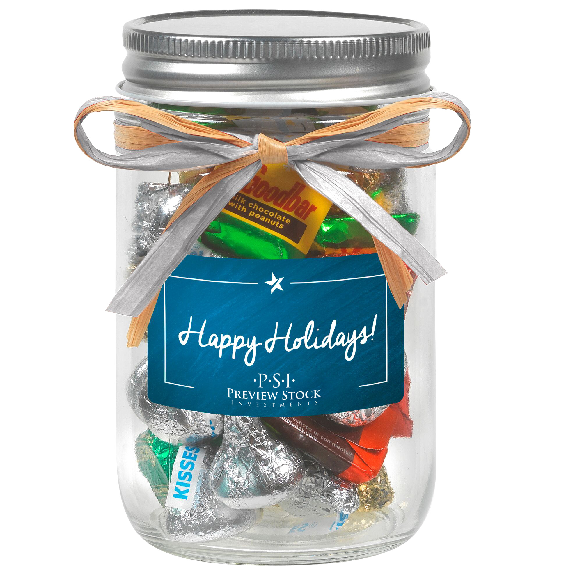 Product Photo 1 Raffia Bow Glass Mason Jar with Hershey's® Holiday Mix, 12oz.