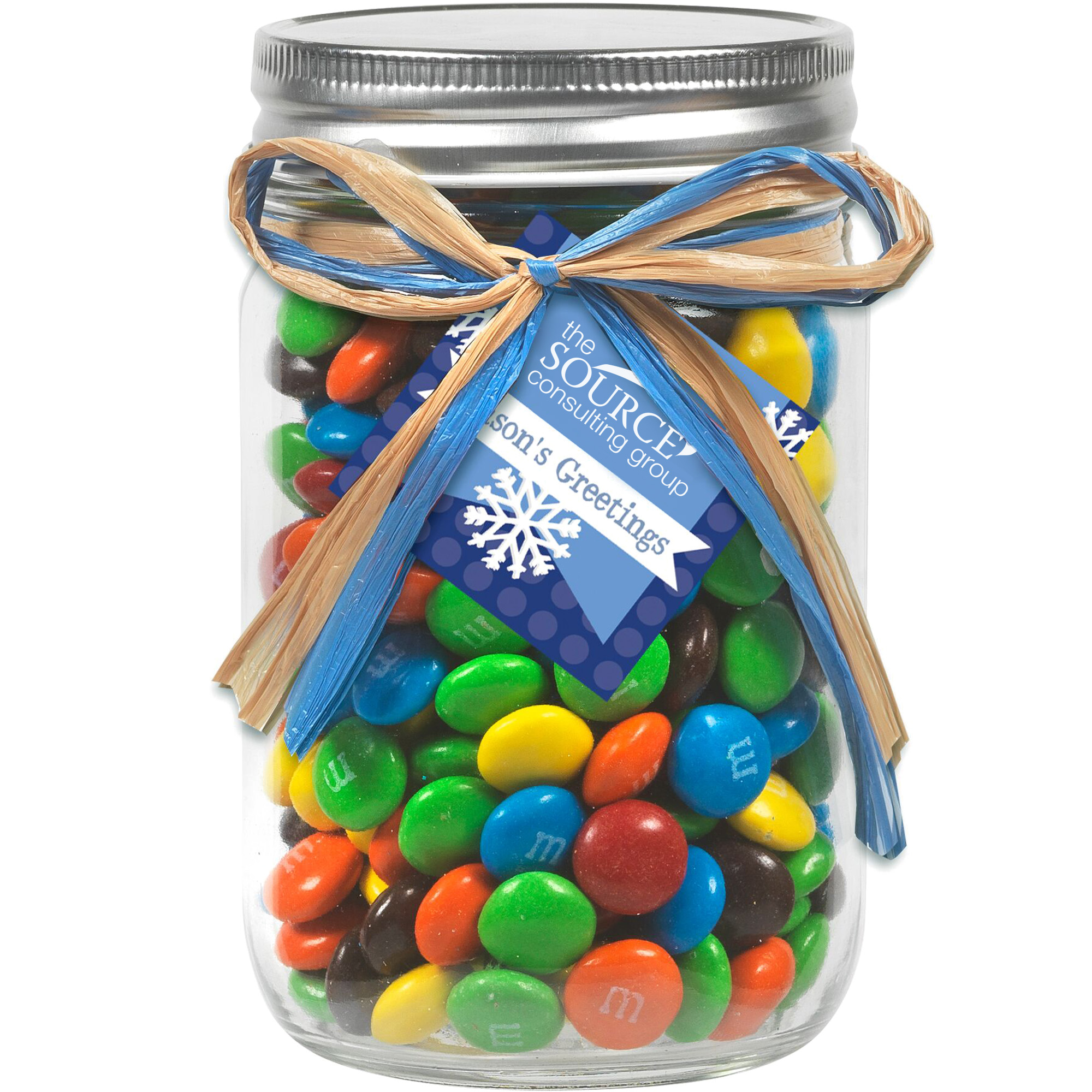 Product Photo 1 Raffia Bow Glass Mason Jar with M&M's® , 12oz.