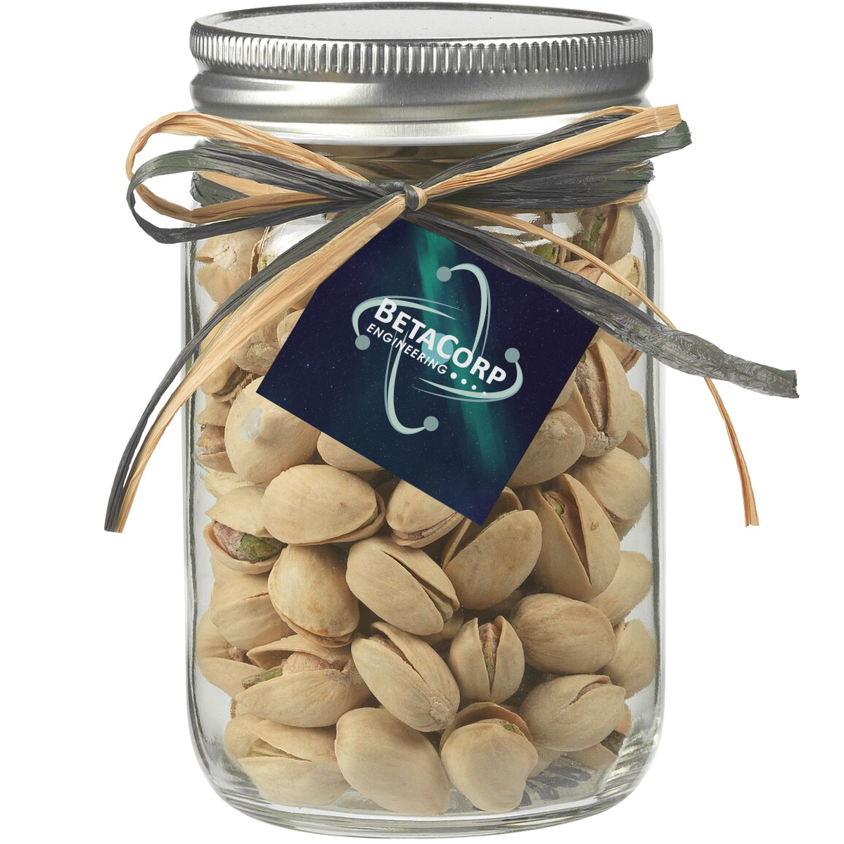 Product Photo 1 Raffia Bow Glass Mason Jar with Pistachios, 12oz.