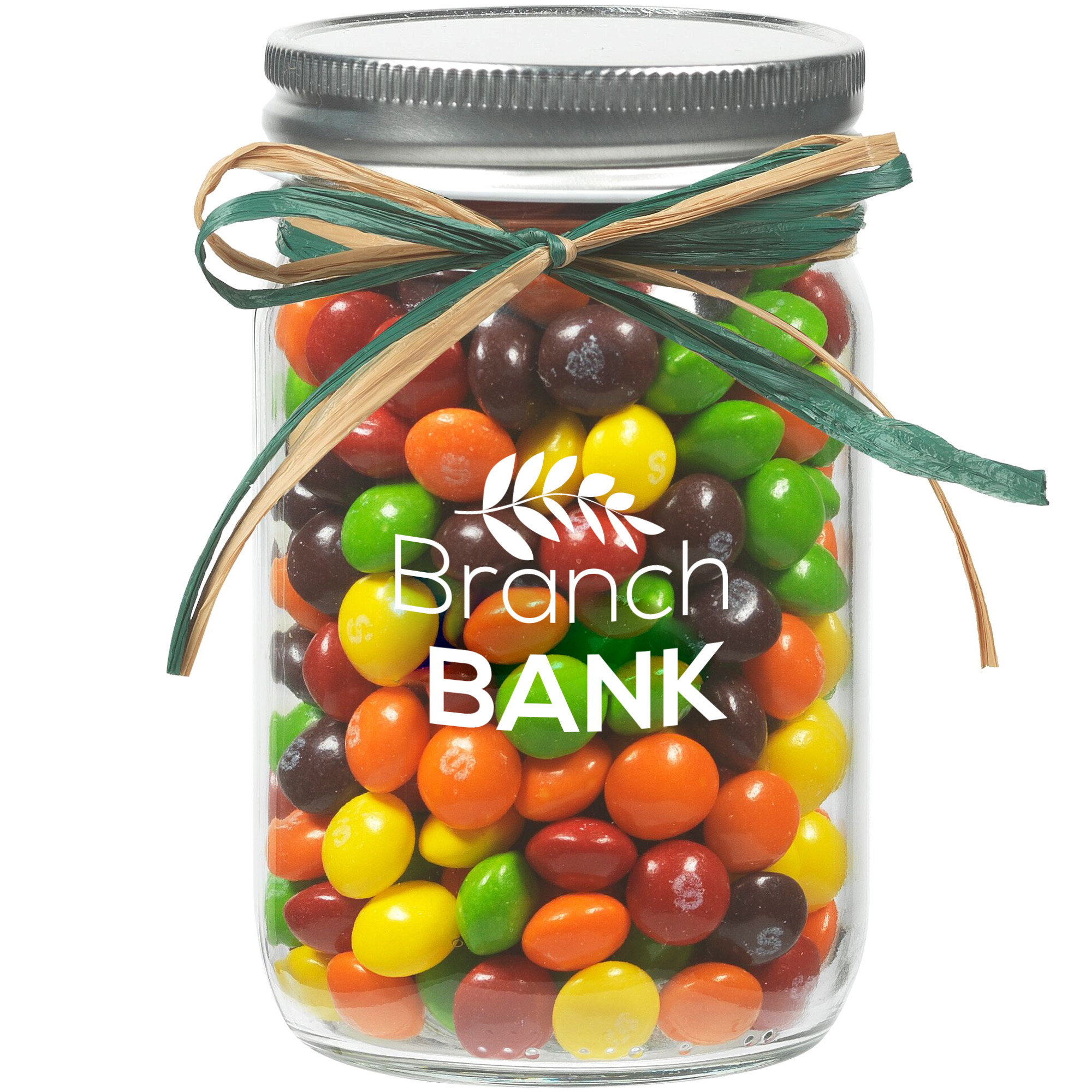 Product Photo 1 Raffia Bow Glass Mason Jar with Skittles®, 12oz.