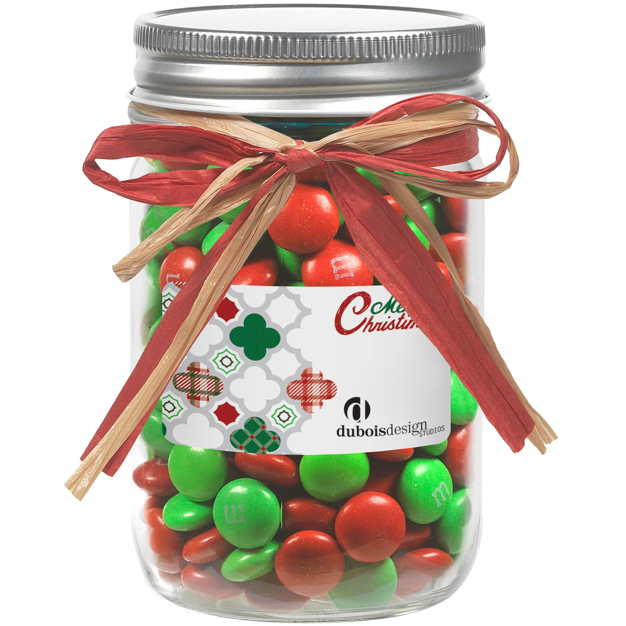 Product Photo 1 Raffia Bow Glass Mason Jar with Holiday M&M's®, 12oz.