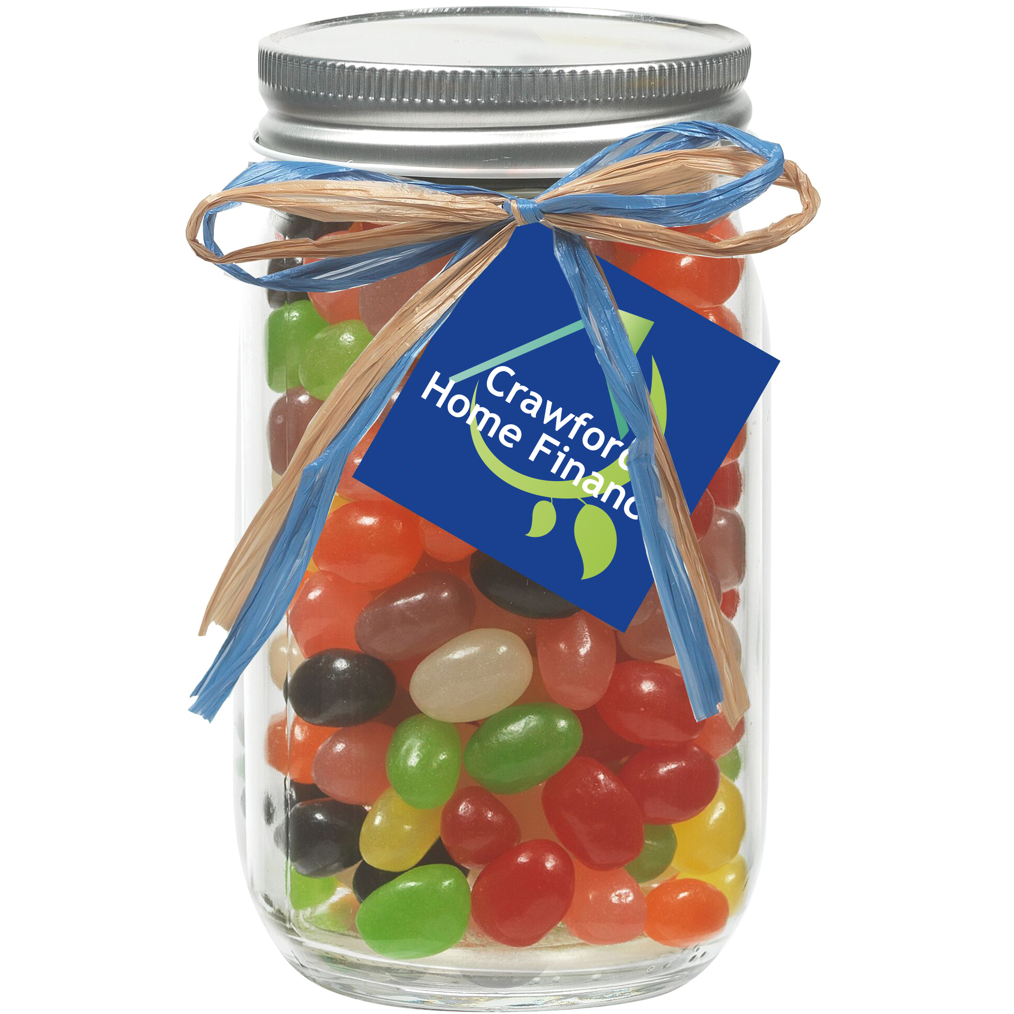 Product Photo 1 Raffia Bow Glass Mason Jar with Assorted Jelly Beans, 16oz.