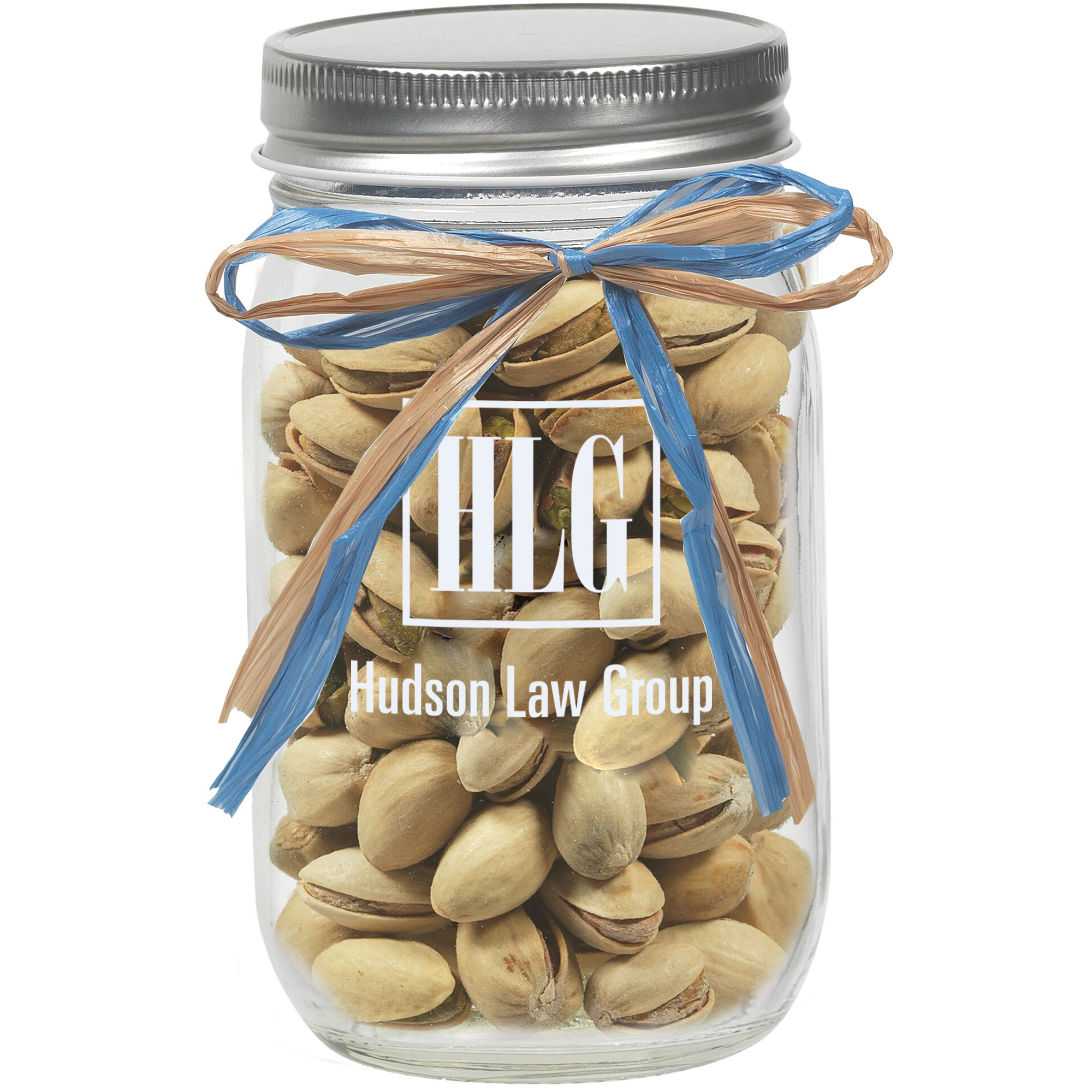 Product Photo 1 Raffia Bow Glass Mason Jar with Pistachios, 16oz.