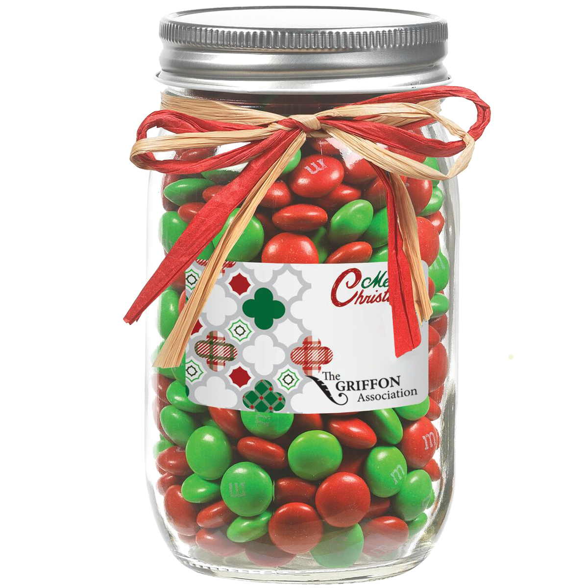 Product Photo 1 Raffia Bow Glass Mason Jar with Holiday M&M's®, 16oz.