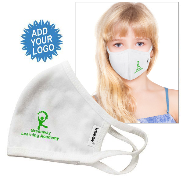 Product Photo 1 Reusable Double Layer Cotton Poly Face Mask Youth/Young Adult, White, w/ Screen Print - IN STOCK & ON SALE