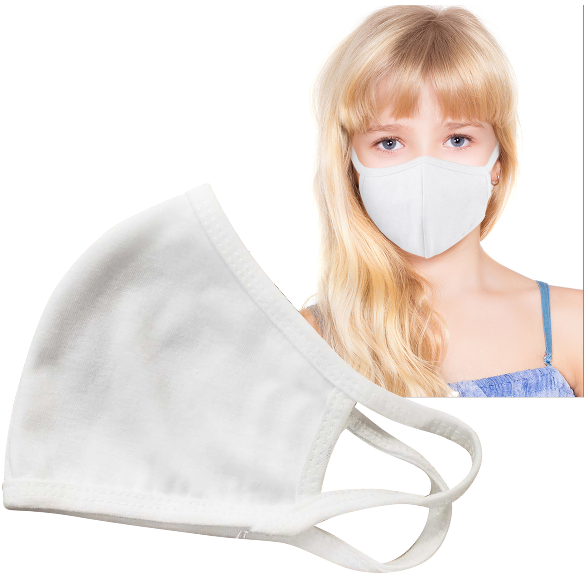 Product Photo 1 Tagless Reusable Double Layer Cotton Poly Face Mask Youth/Young Adult, White - IN STOCK