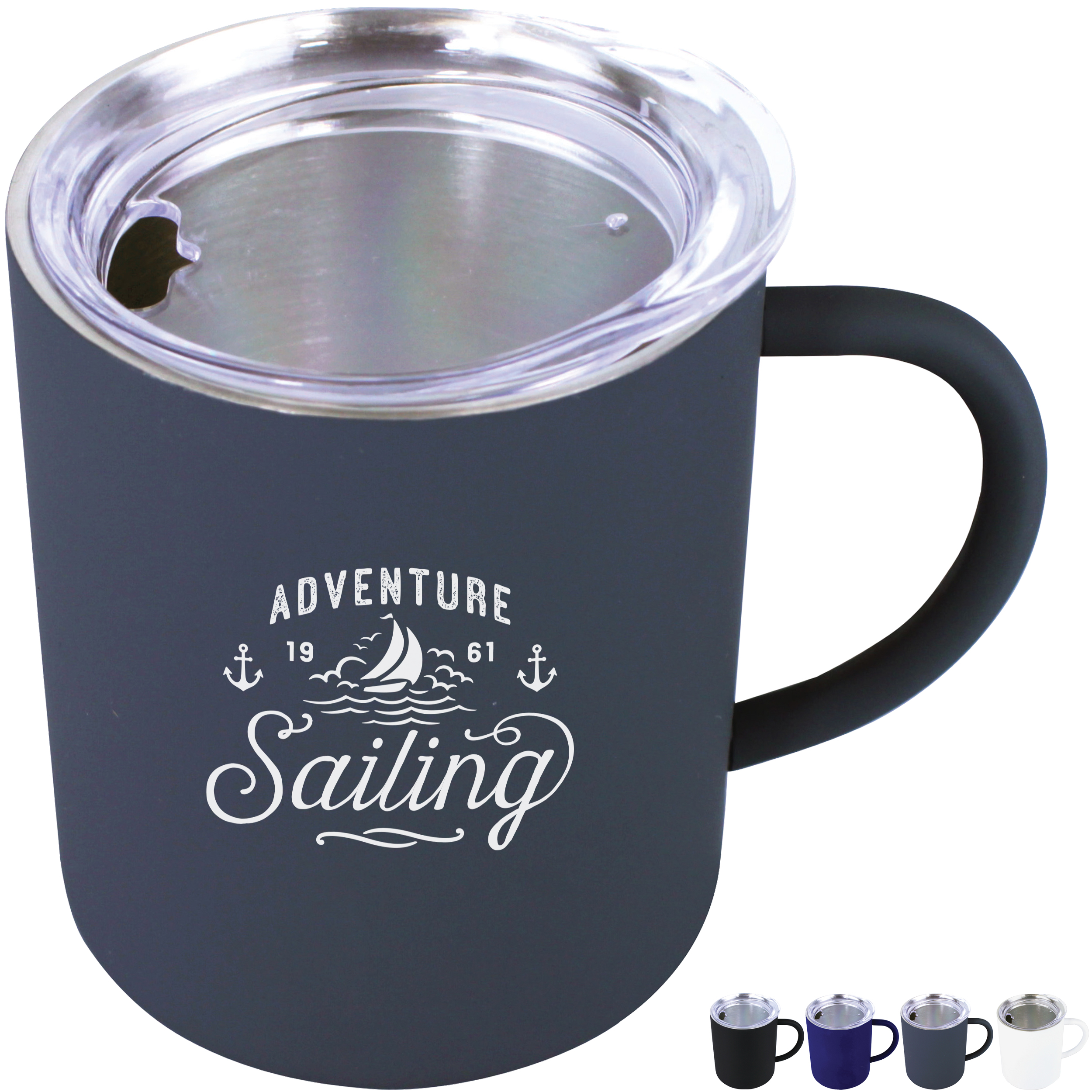Product Photo 1 Soft Touch Halcyon™ Stainless Steel Coffee Mug w/ Acrylic Lid, 14oz.