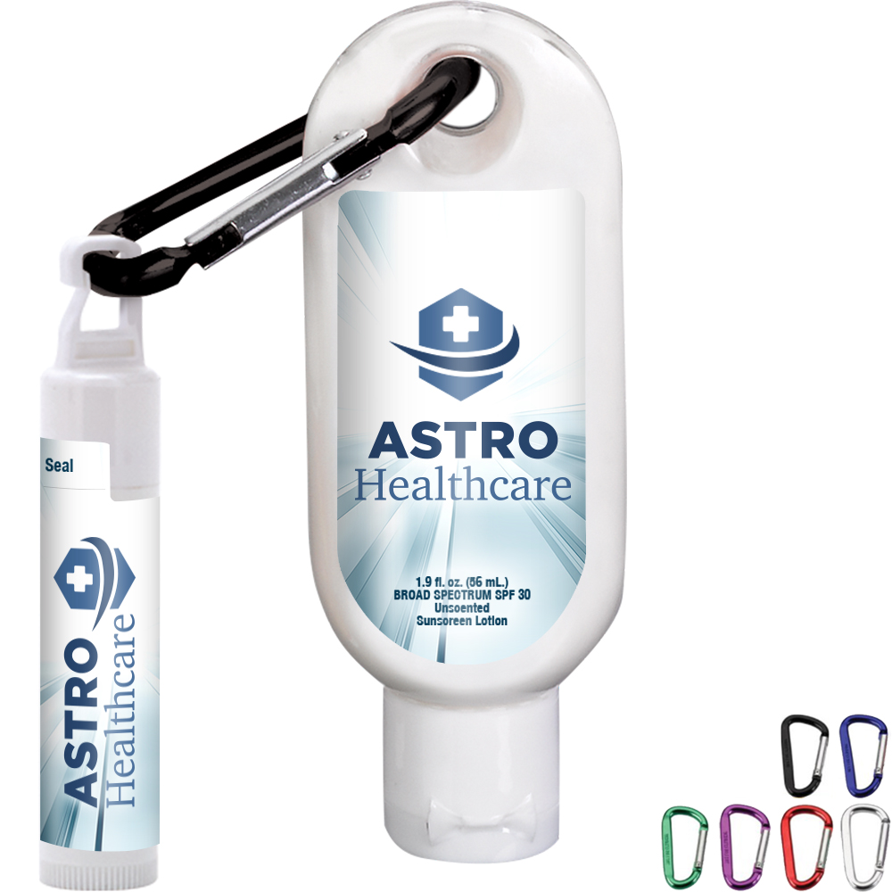 Product Photo 1 Sunscreen SPF 30 with Carabiner and SPF 15 Lip Balm in White Tube with Hook Cap, 1.9 oz