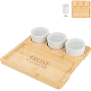 Bamboo Serving Tray w/ Ceramic Bowls - HT6187