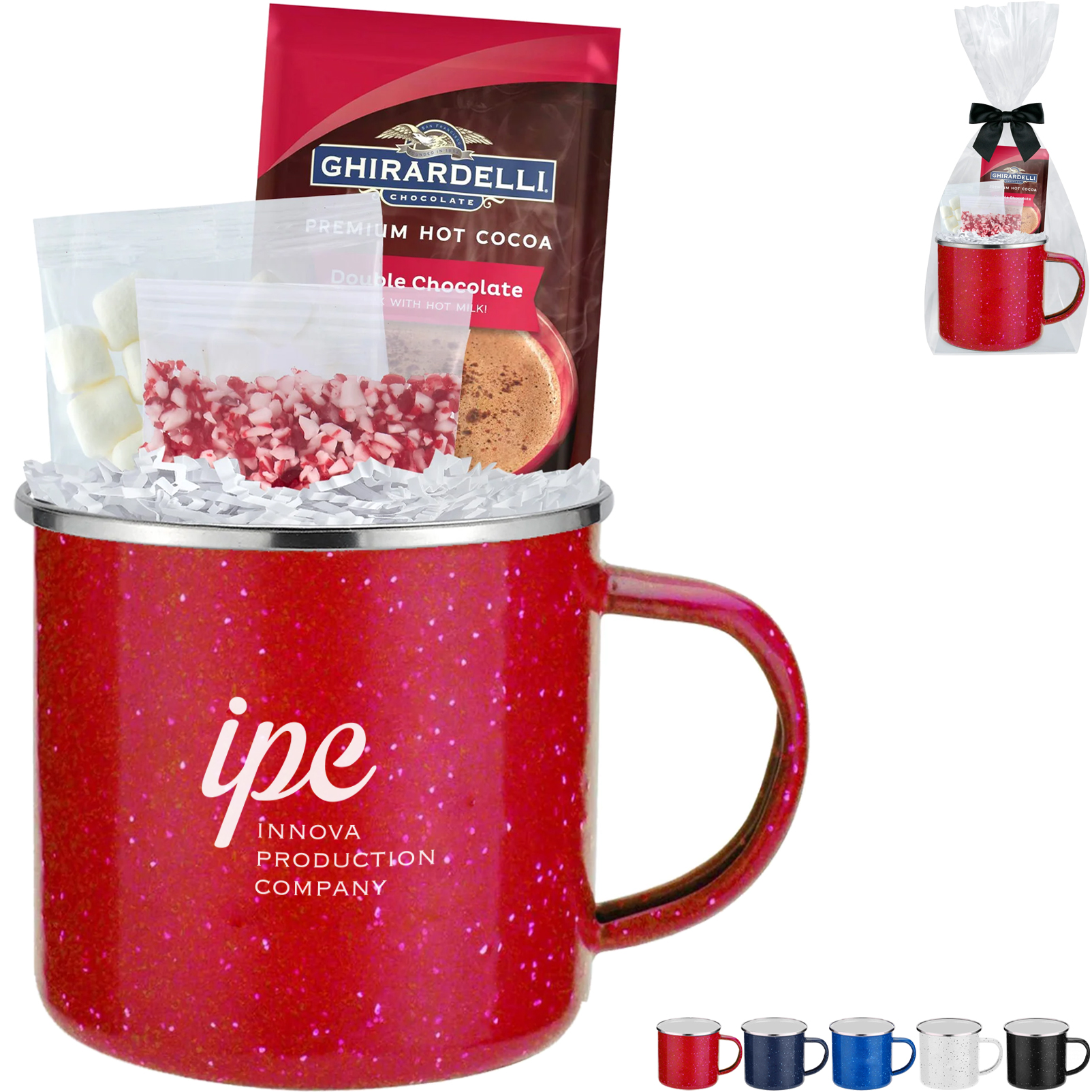 Product Photo 1 Ghirardelli® Hot Chocolate, Crushed Peppermint, Marshmallows & Speckled Camping Mug Gift Set