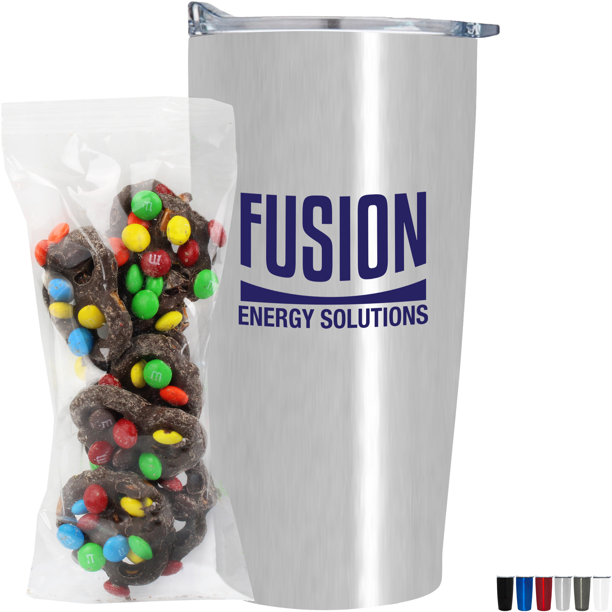 Product Photo 1 Milk Chocolate Pretzels with Mini M&M's in Straight Wall Tumbler w/ Plastic Liner 20 oz.
