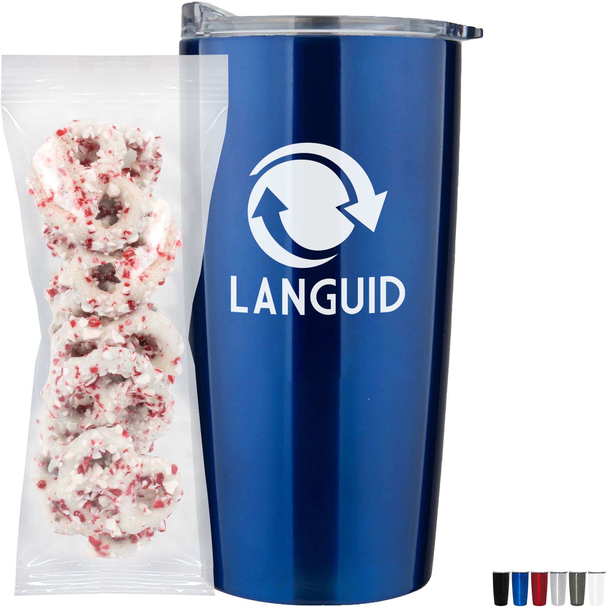 Product Photo 1 White Chocolate Pretzels with Crushed Peppermint in Straight Wall Tumbler w/ Plastic Liner 20 oz.