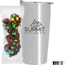 Milk Chocolate Pretzels w/ Mini M&M's in Vacuum Sealed Wall Tumbler Gift Set 20 oz.