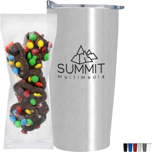 Milk Chocolate Pretzels w/ Mini M&M's in Vacuum Sealed Wall Tumbler Gift Set 20 oz. - MD8851