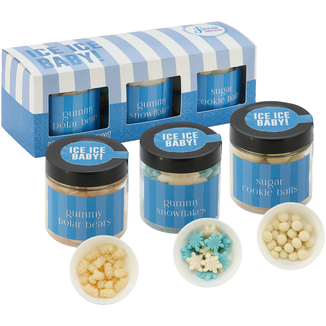 Product Photo 1 White Chocolate Gummy Bears, Sugar Cookie Bites, Gummy Snowflakes in Candy Jar Sets, 3 Way