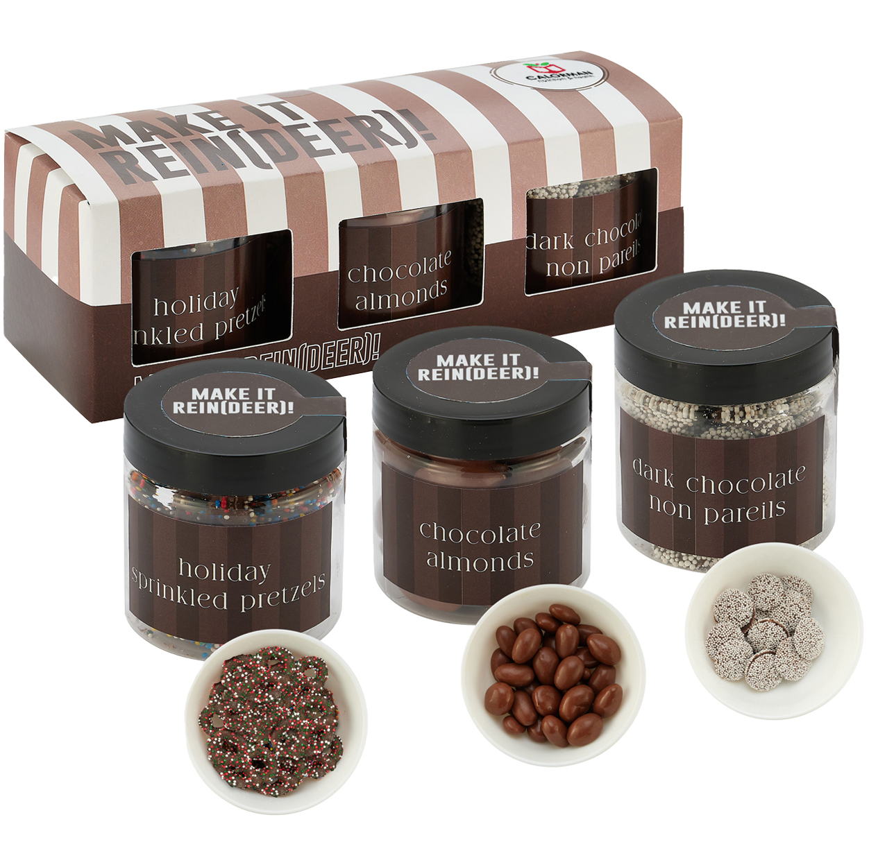 Product Photo 1 Chocolate Almonds, Chocolate Sprinkled Pretzels, Dark Chocolate Nonpareils in Candy Jar Sets, 3 Way