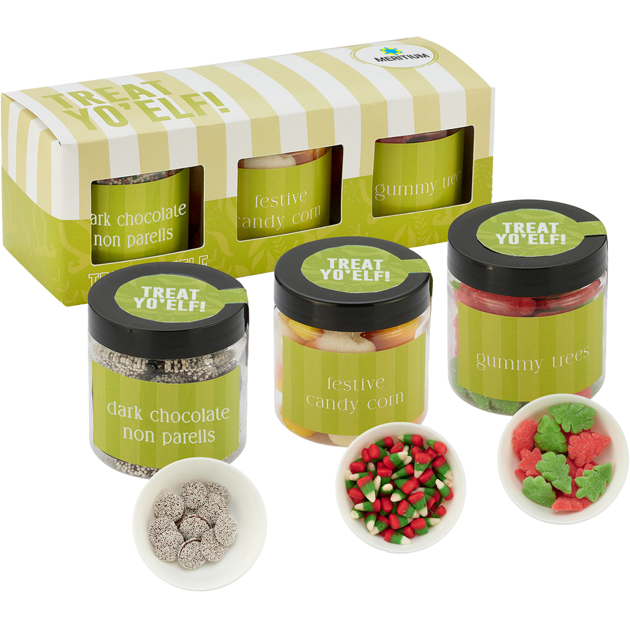 Product Photo 1 Dark Chocolate Nonpareils, Holiday Candy Corn, Gummy Holiday Trees in Candy Jar Sets, 3 Way