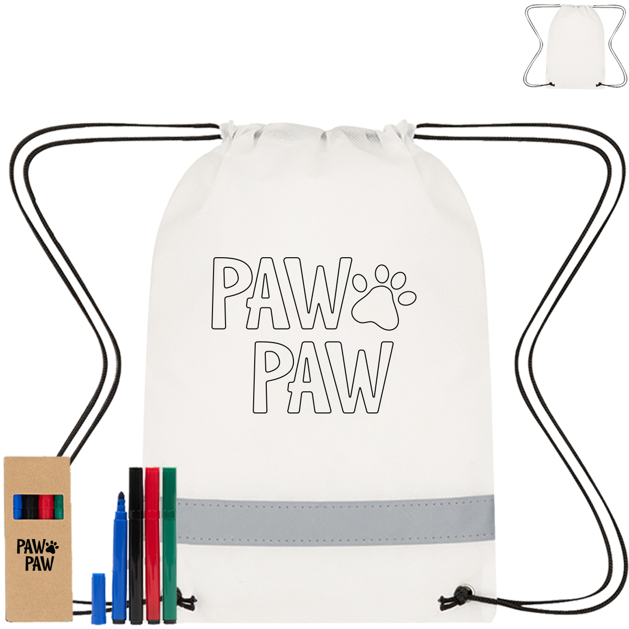 Product Photo 1 Lil' Bit Reflective Non-Woven Coloring Drawstring Bag w/ 4 Pc Washable Marker Set