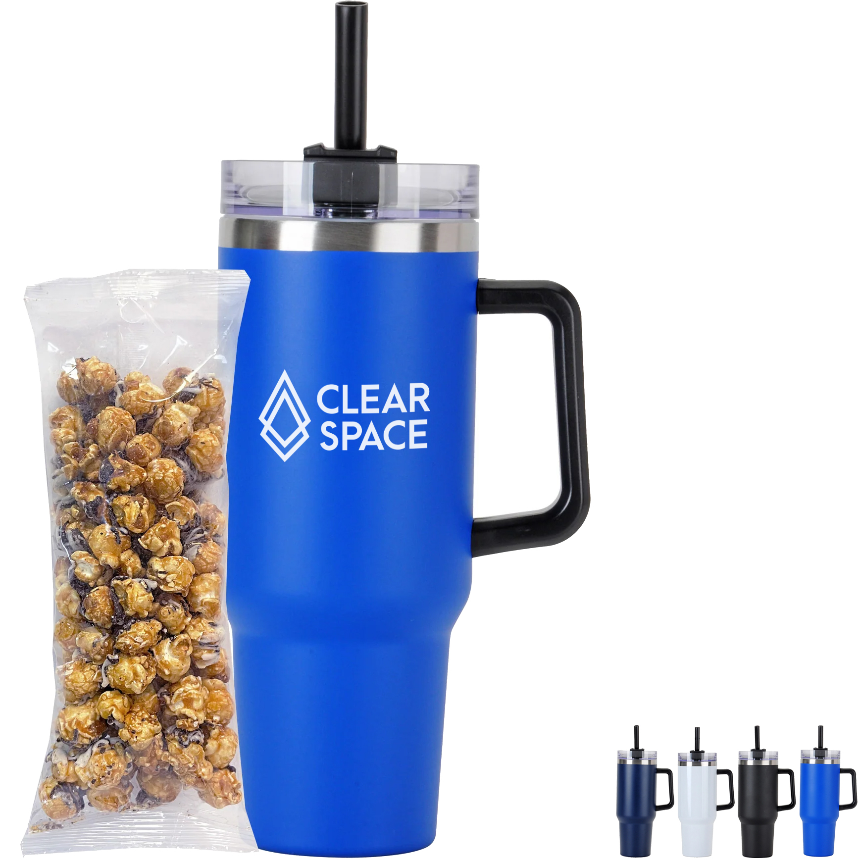 Product Photo 1 White & Dark Chocolate Swirl Popcorn & Tapered Tumbler w/ Straw Gift Set