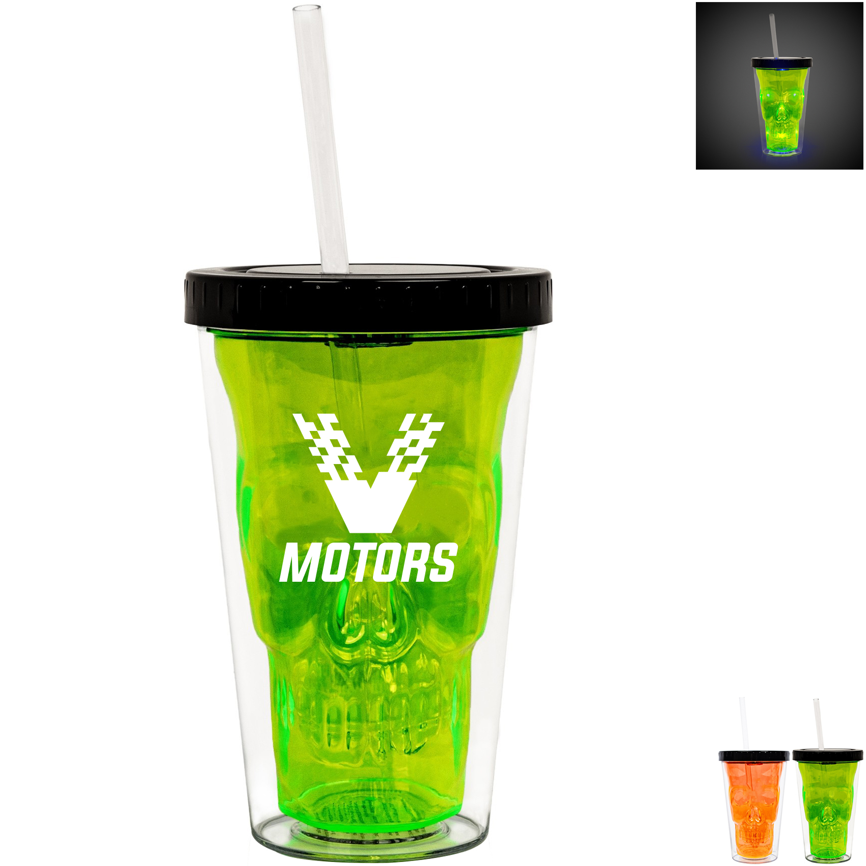 Product Photo 1 Neon LED Skull Plastic Tumbler & Straw, 16oz.