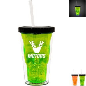 Neon LED Skull Plastic Tumbler & Straw, 16oz. - BX1630