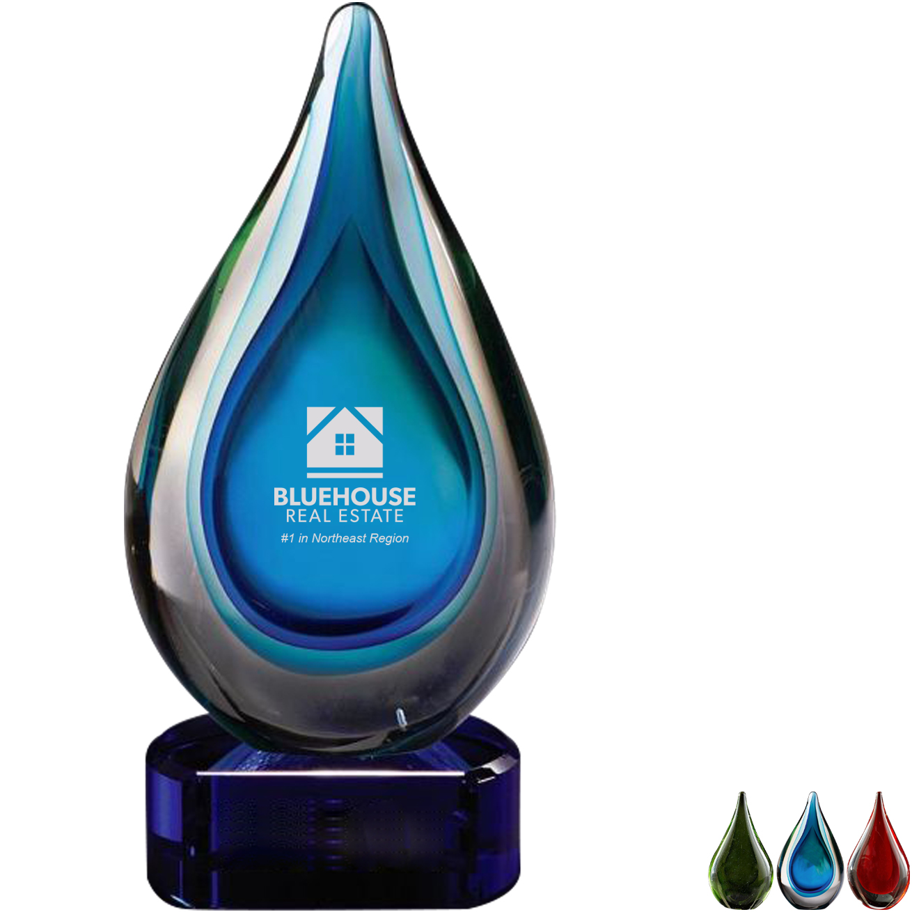 Product Photo 1 Fusion Teardrop Art Glass Award w/ Blue Base, 3.25" x 6.75"