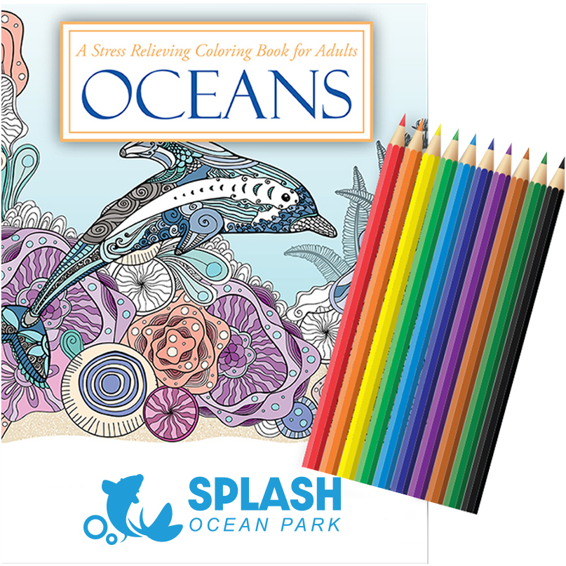 Product Photo 1 Oceans Stress Relief Adult Coloring Book w/ Colored Pencils Relax Pack Set