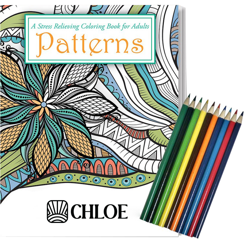 Product Photo 1 Patterns Stress Relief Adult Coloring Book w/ Colored Pencils Relax Pack Set