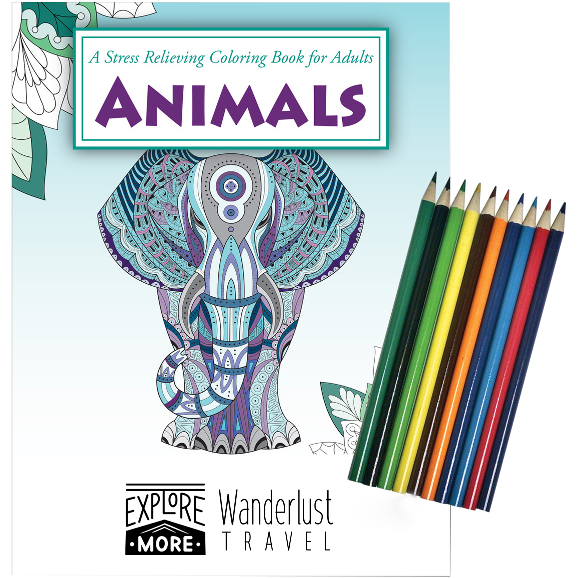 Product Photo 1 Animals Stress Relief Adult Coloring Book w/ Colored Pencils Relax Pack Set