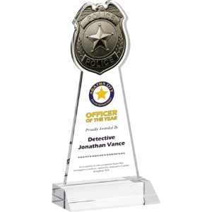Police Badge Crystal Award on Clear Mitered Base, 7.75" - KR2477