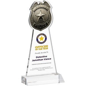 Police Badge Crystal Award on Clear Mitered Base, 9.75" - KR2478