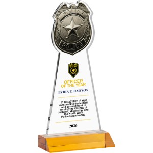 Police Badge Crystal Award on Amber Mitered Base, 9.75" - KR2482