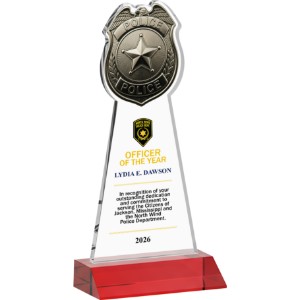 Police Badge Crystal Award on Red Mitered Base, 7.75" - KR2483
