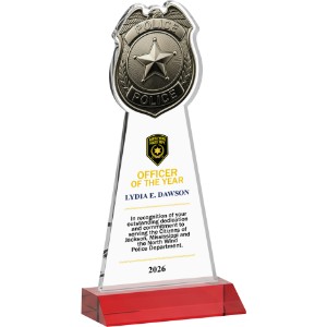 Police Badge Crystal Award on Red Mitered Base, 9.75" - KR2484
