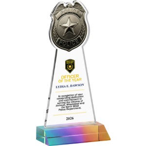 Police Badge Crystal Award on Prismatic Mitered Base, 7.75" - KR2485