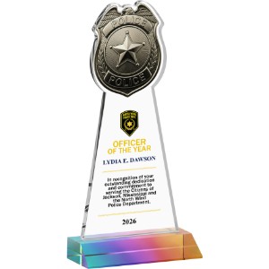 Police Badge Crystal Award on Prismatic Mitered Base, 9.75" - KR2486
