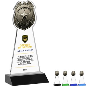 Police Badge Crystal Award on Colored Mitered Base, 7.75" - KR2487
